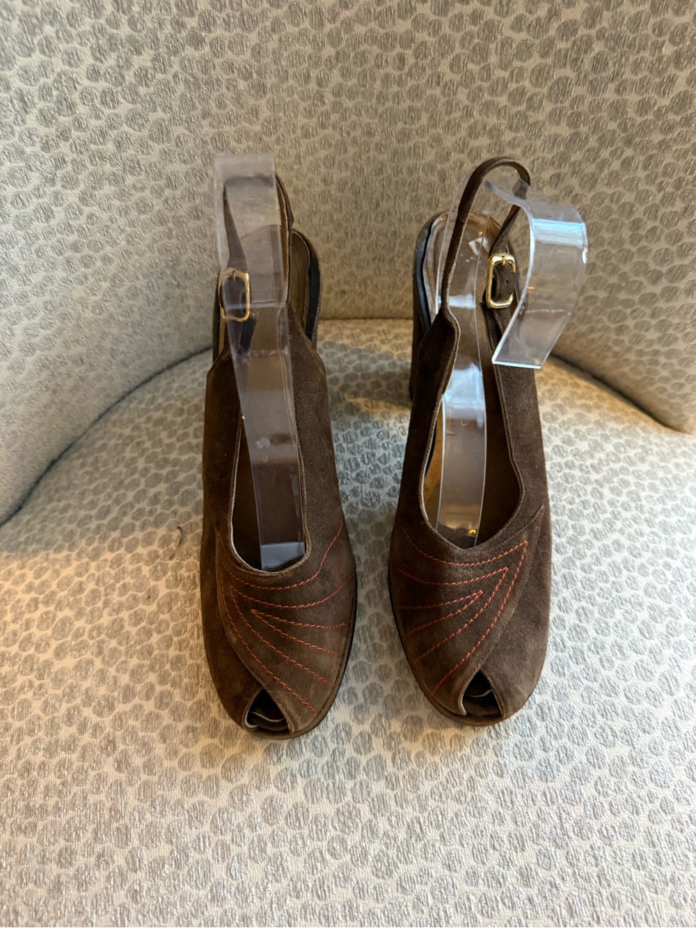Vintage 1970 Brown Suede Peep-Toe Women's Shoes - Picture 7 of 9